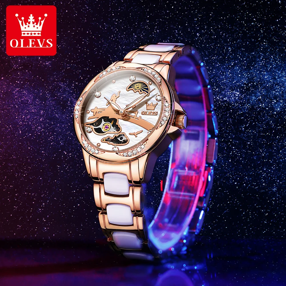 Enlarge OLEVS New Women Automatic Mechanical Wristwatch Calendar Display Waterproof Fashion Ladies Watch Stainless Steel Watchstrap