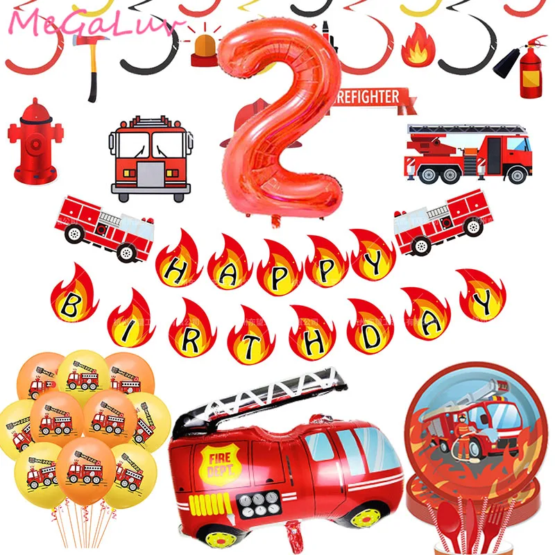 Пожарная машина День рождения украшение Баннер баллоны посуда Пожарный детский