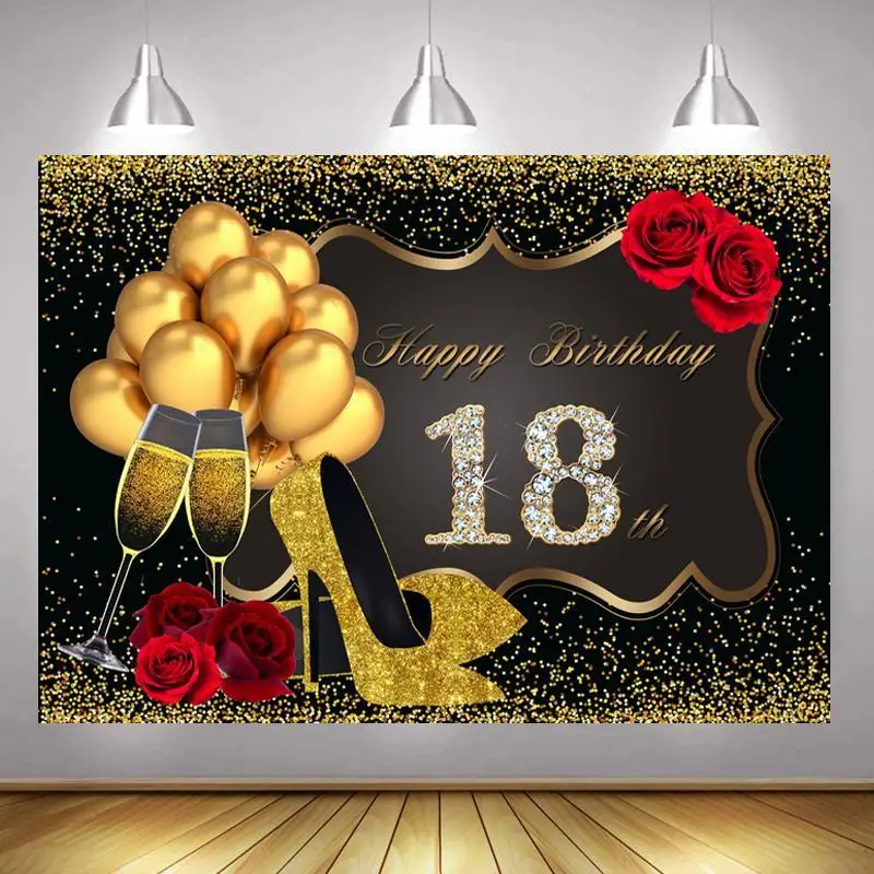 

18th Photo Backdrop Girls Happy Birthday Party Custom Shoes Rose Gold Champagne Decoration Photography Backgrounds Banner
