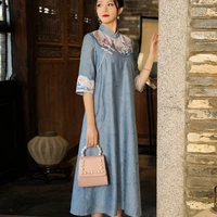 2021 spring new artistic copper ammonia silk improved qipao womens embroidery zen tea dress jacquard