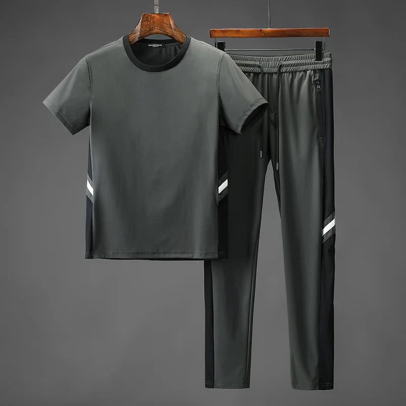 

Summer elastic breathable anti wrinkle short sleeve T-shirt sports suit youth trend thin silk slip leisure suit men