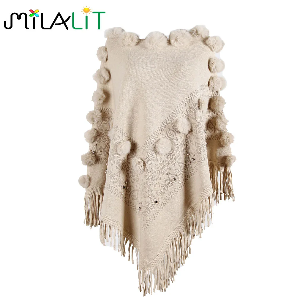 Женское Трикотажное пончо MilaLit модная Осенняя блузка с бахромой бисером и