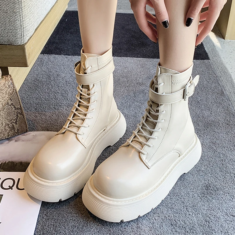 

Женские мотоциклетные ботинки, однотонные ботильоны на толстой подошве, на молнии, с большим круглым носком, 2021