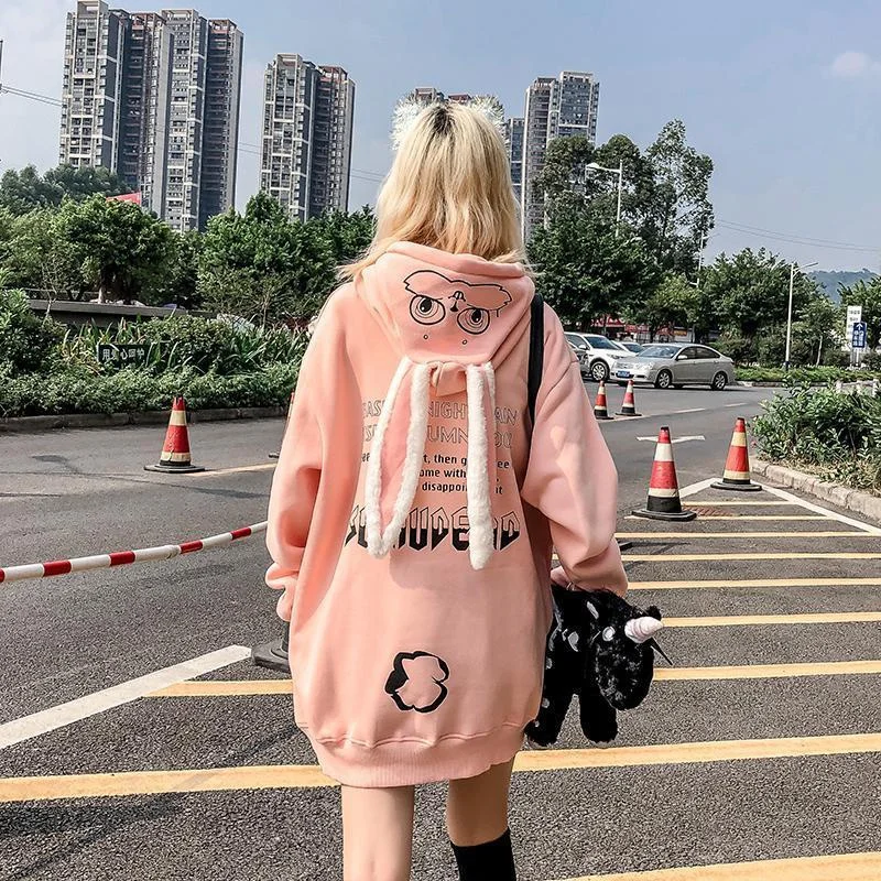

Kpop Harajuku Loose Pullover Hoodies Women Fashion Tide Letter Print Rabbit Ear Hoody Couples Streetwear Hooded Ins
