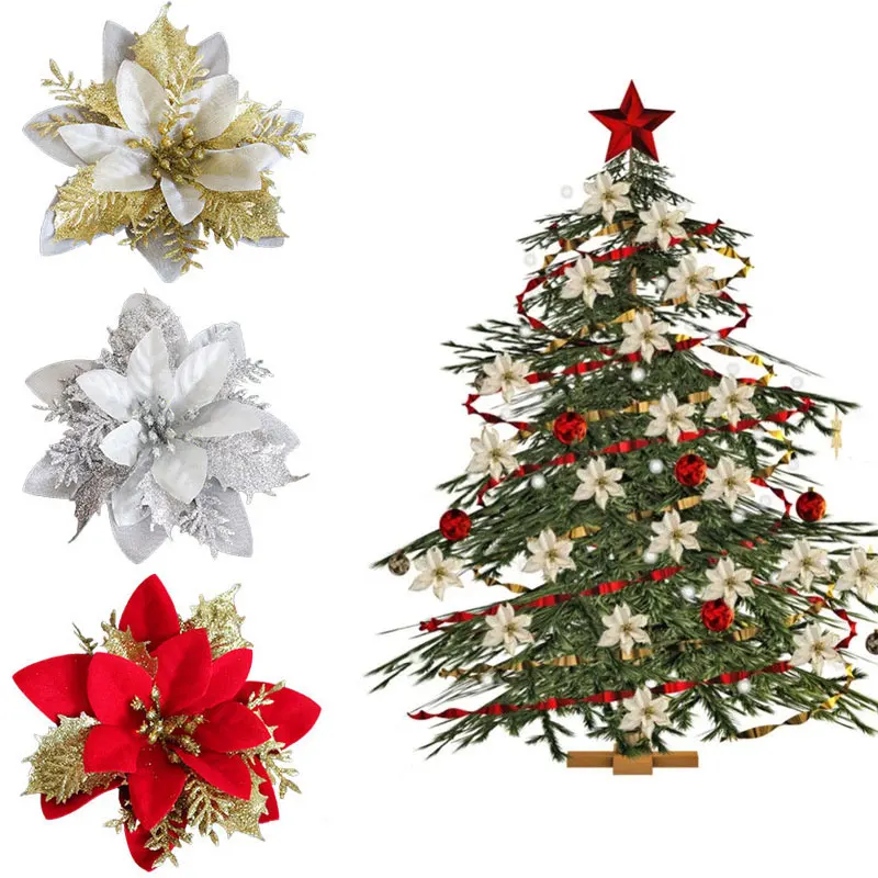 

Glitter Artificial Flowers Merry Christmas Ornaments Christmas Tree Decorations Xmas Ornaments New Year's Wedding Party Decor