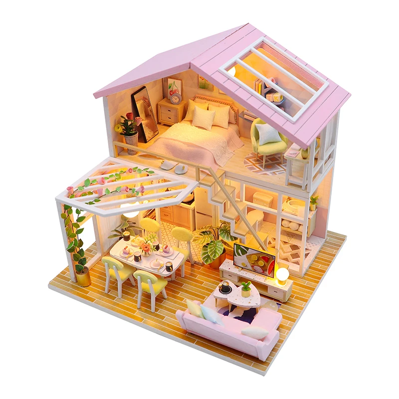 

New DIY Wooden Dollhouses Sweet Time Pink Princess Loft Assembled Miniature with Furniture Doll House Toys for Kids Girls Gift