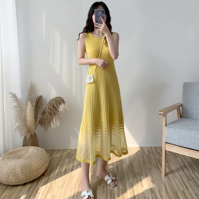 

2021 New Spring and Summer A-line Long Skirt Ice Silk Mid-length Knitted Vest Skirt Slim Women's Suspender Dress