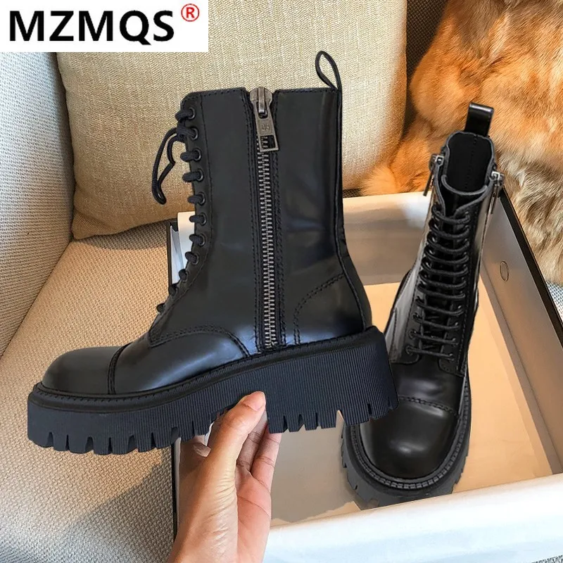 2020 модная обувь для женщин Женская из натуральной кожи со шнуровкой на толстом