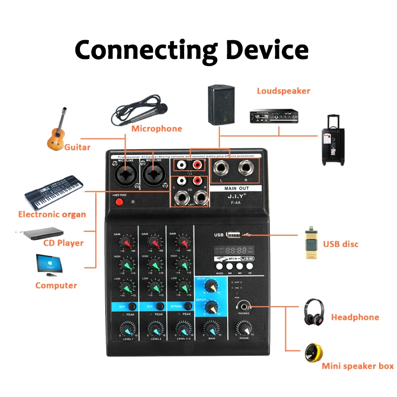 4-канальный аудиомикшер Mini USB усилитель Bluetooth запись фантома со звуковой картой