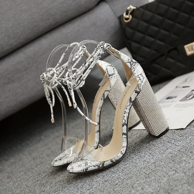 

New high shoes Rhinestone thick heel strap heeled women's transparent heel sandals