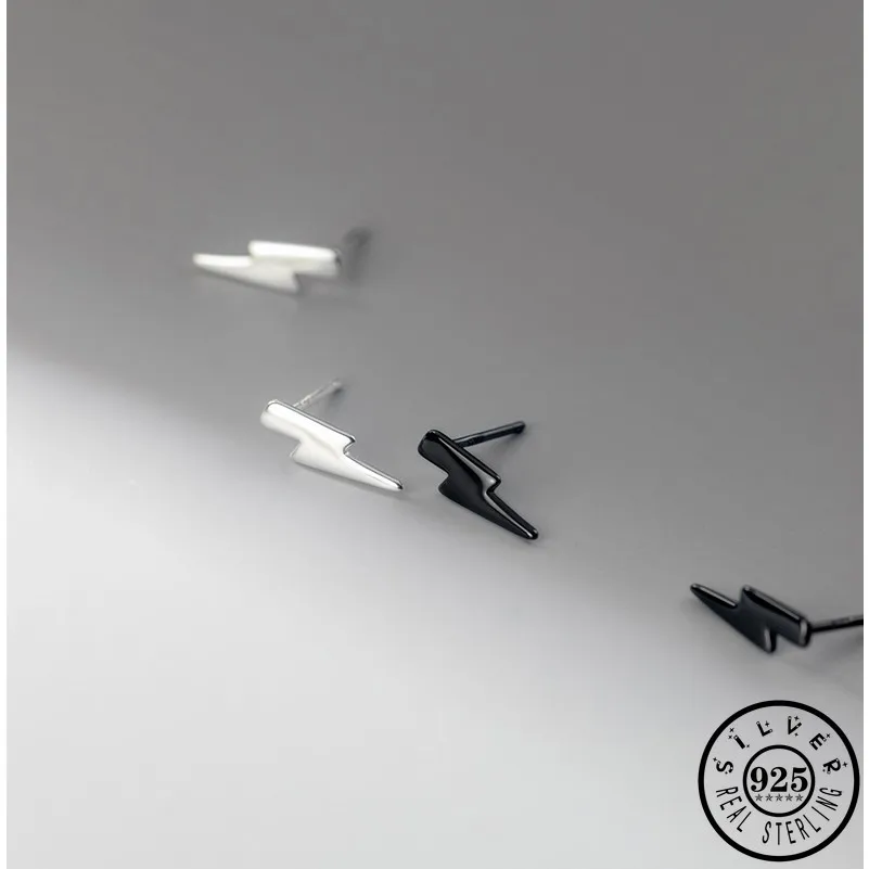 

925 Sterling Silver Small Lightning Shape Black Color Plated Cute Stud Earrings Summer Jewelry for Women Girls