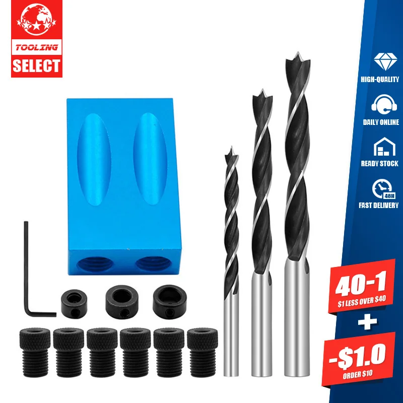

15 Degree Angle Woodworking Inclined Hole Drilling Locator Pocket Drill Bit Set Guiding Device DIY Woodworking Tools Wood Jig