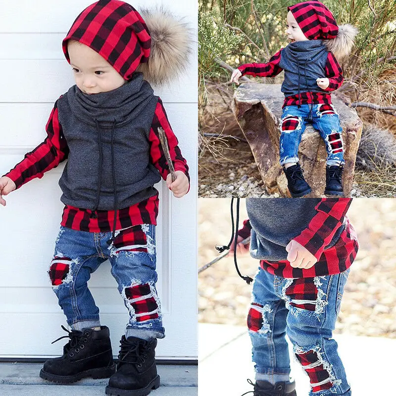 Модный осенний комплект клетчатой одежды для маленьких мальчиков топы Свитшот