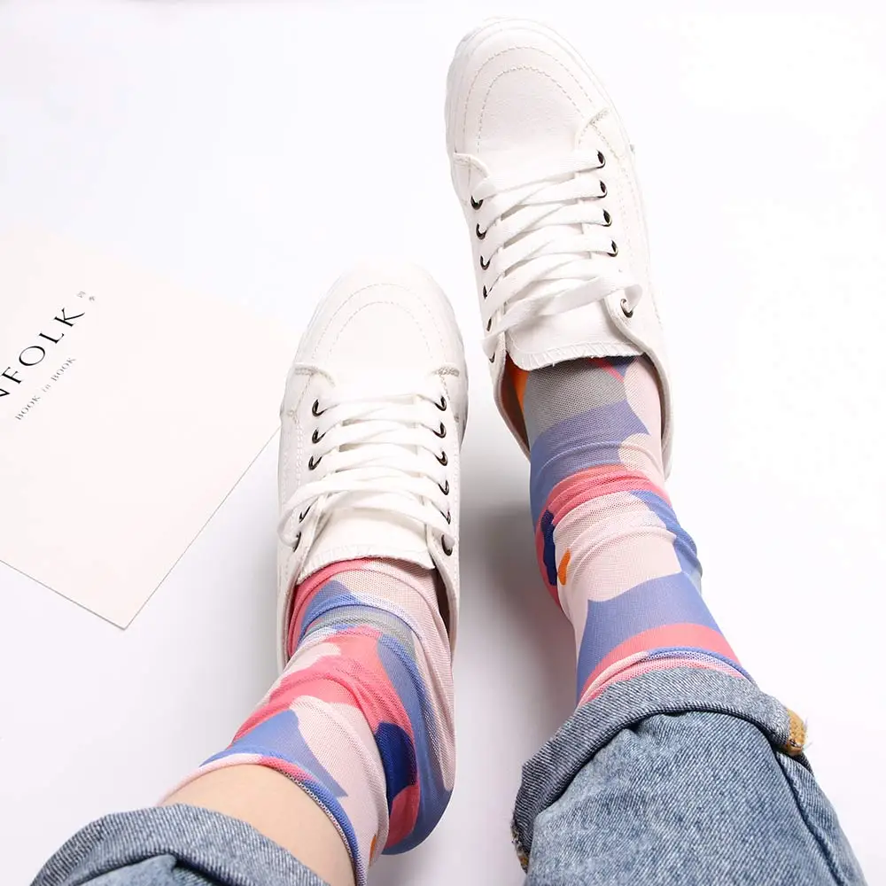 

Cute Mesh Yarn Flower Print Girls Kawaii Socks Korean Harajuku Pile Heap Funny Socks Spring And Summer Thin Socks