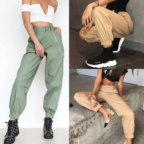 Women's Trousers Female Pants High Waist Cargo Ladies Casual Loose Solid Side Pockets Elastic | Женская одежда