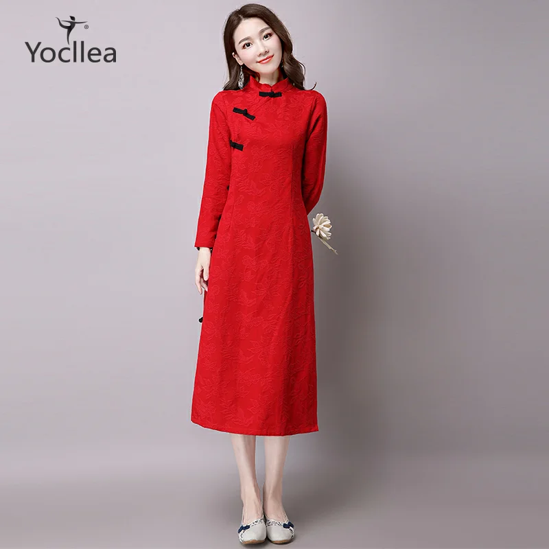 Новинка весна осень Qipao длинное платье женское одноцветное цвет элегантное винтажное жаккардовое с длинным рукавом китайские платья Vestidos WJ617
