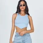 Повседневные майки, пикантный укороченный жилет, Однотонный женский вязаный синий белый летний топ с открытыми плечами, женские майки без рукавов