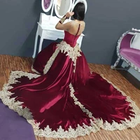 eightale burgundy evening dresses with detachable train o neck gold appliques satin long sleeves prom gowns arabic party dress
