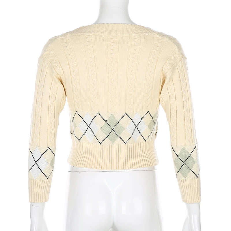 

YICIYA 2021 Yellow Y2K Argyle Cropped Cardigan Women Autumn Cute Casual Knitted Sweater V Neck Vintage Jumper Ladies Streetwear