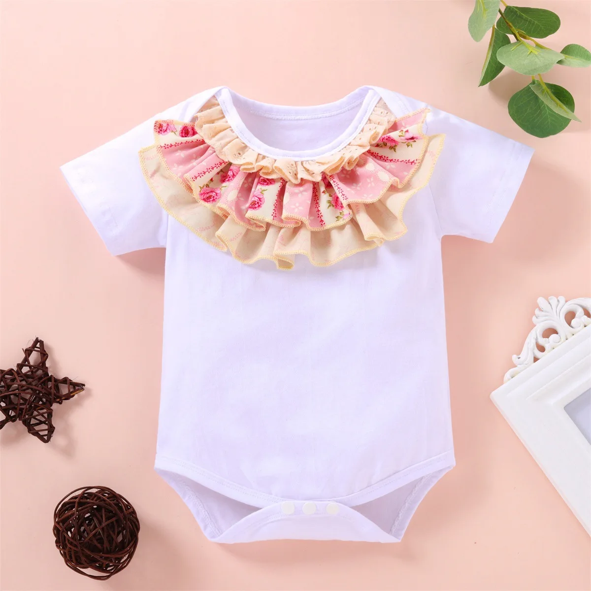 

Infant Baby Girl's Casual Summer Short Sleeve Pure Cotton Romper Fashion Button Ruffle Round Neck Triangle Jumpsuits