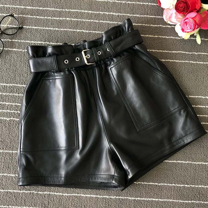 2019 Fall women high quality real leather Shorts Chic high-waist wide-leg short trousers A682 | Женская одежда