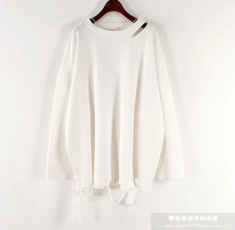 white CHICEVER корейский рваные женские футболки с круглым вырезом с длинным рукавом безразмерная Свободная Повседневная рубашка для женщин Осенняя модная одежда - Цвет: white