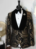 2022 elegant brand black gold floral men suits with pants groom suit smoking tuxedo jacket wedding suits for men best man blazer