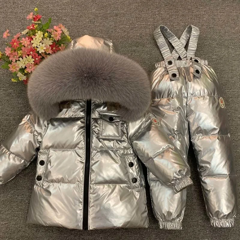 

2022 Kids baby girl boy 90 Duck Down suit 2pcs jacket+pants clothes real big Fur Hooded Outerwear child Winter clothing baby