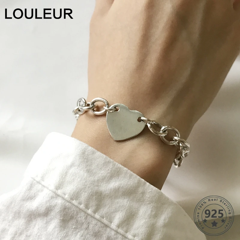 LouLeur, 925 пробы, Серебряное сердце, грубо обработанная цепь, браслеты, рок, панк, пряжка, браслет для женщин, хорошее ювелирное изделие, подарки для дропшиппинг