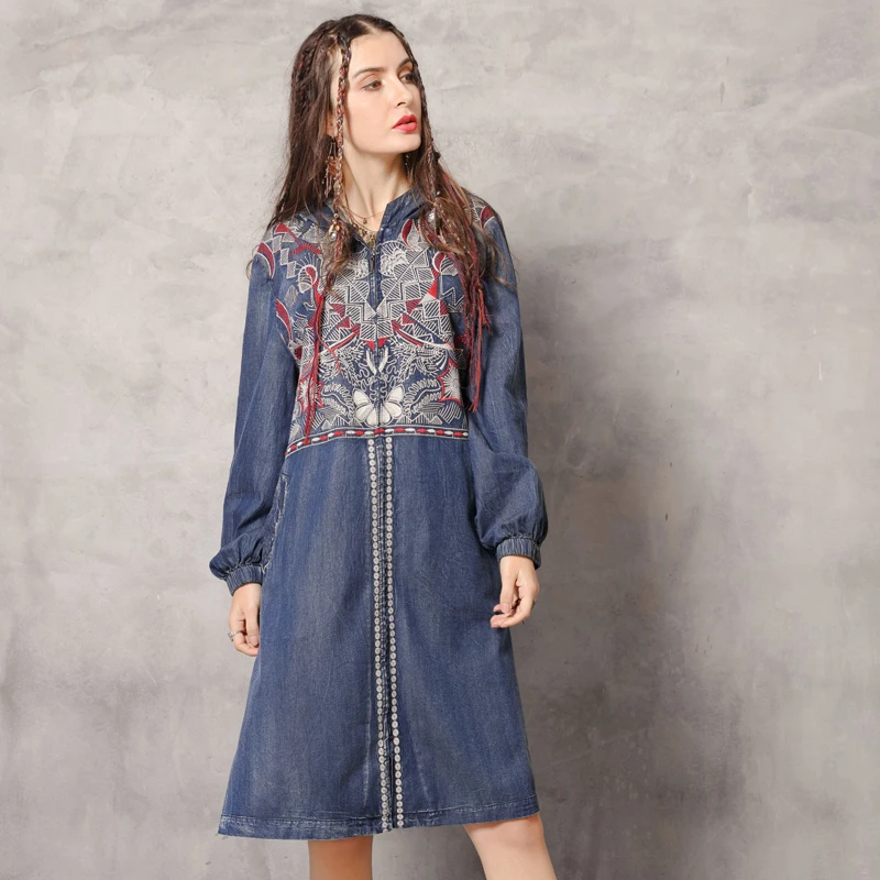 Тренч Yuzi. Мая Boho новые женские джинсовые куртки с капюшоном винтажные длинные пальто на молнии с вышивкой B9286 Casaco Feminino - Цвет: Синий