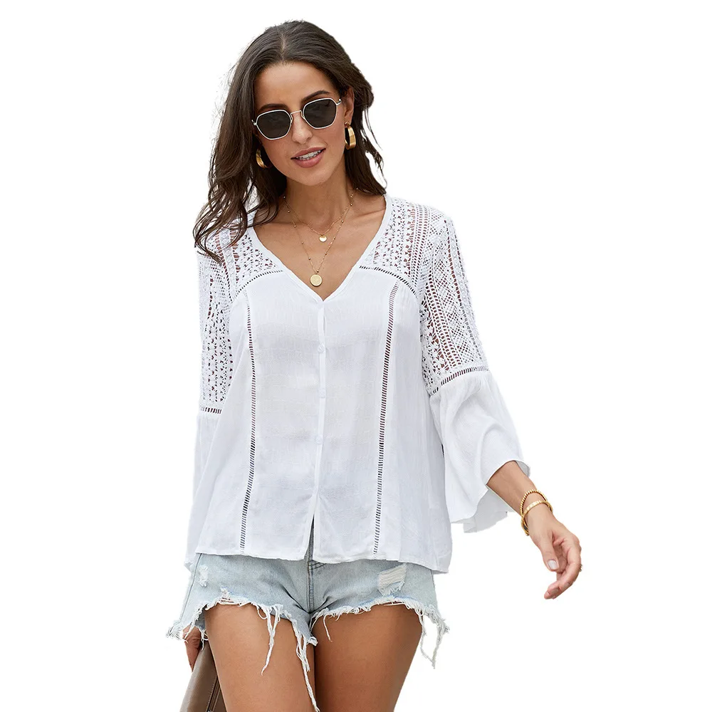 

European and American Solid Color Midi Shirt Women's Spring Loose Pullover Hollow V-neck Horn Sleeve Lace Women