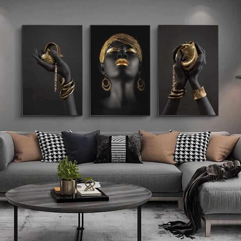 

Classical Black Woman Paintings Wall Art African Woman Holding Gold Sliver Jewelry Canvas Posters Prints Pictues Living Room