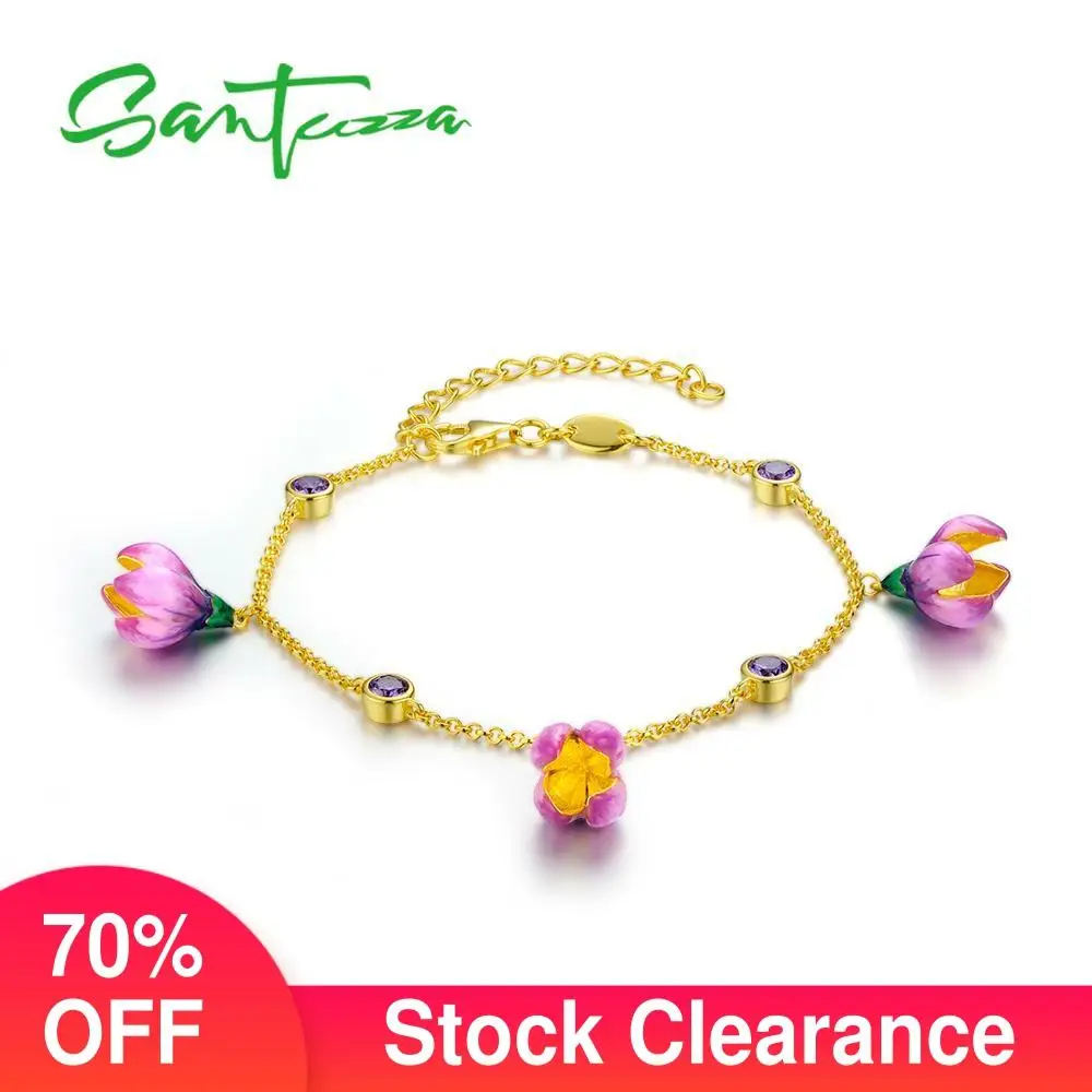 

SANTUZZA Silver Bracelet For Women 925 Sterling Silver Elegant Pink Flower Adjustable Gold Color Fine Jewelry Handmade Enamel