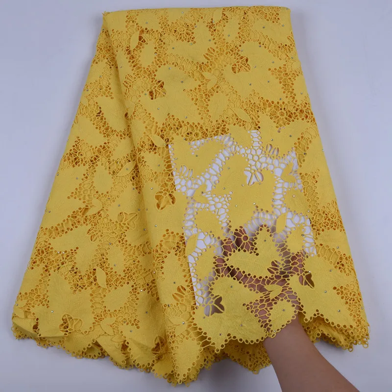 

African most Best Sellers Embroidered yellow mesh Lace Fabric High Quality stones nigeria cord guipure net lace for wedding dres