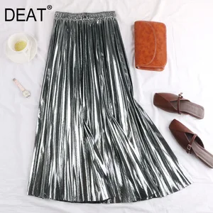 Женская плиссированная юбка DEAT, черная Повседневная плиссированная юбка до середины икры из светоотражающей ткани с металлическим узором, AI519, весна 2021