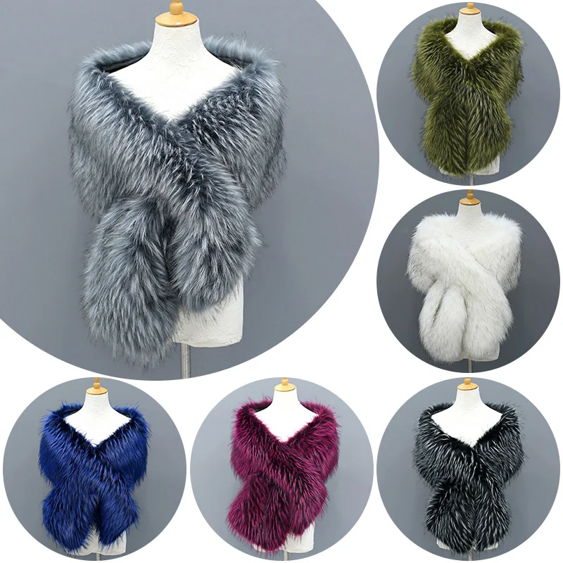 

Plush Raccoon Fur Collar Shawl Winter Faux Fur Scarf for Women Female Fake Collars Wedding Cape Lady Clothes Accessories