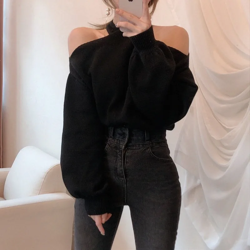 

Fall 2021 Women Chic Pullovers Sexy Lady Off Shoulder Halter Knit Sweater Looser Lantern Sleeve Weater Female Top Jumper