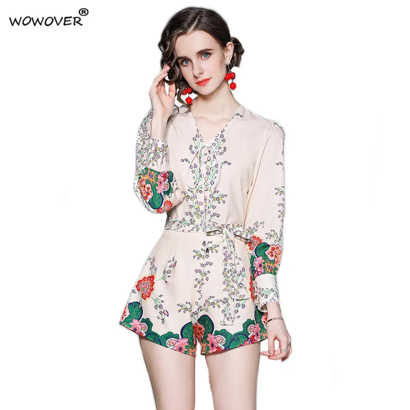 

Women Summer Suit Runway Fashion Long Sleeve Printed V Neck Blouse+Shorts Two Piece Set Elegant Boho Beach Twinset