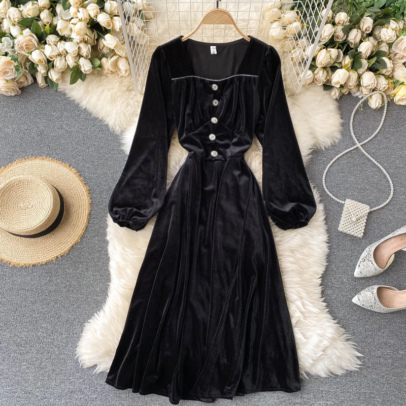 

В винтажном стиле с квадратным воротником и длинными рукавами, с плюшевой подкладкой, вечерние платье для женщин Повседневное однобортное ...