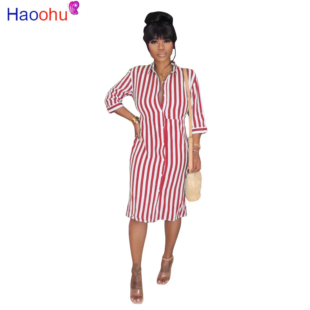 

HAOOHU 2020 Women Summer Midi Shirt Dress Fashion Striped Print Loose Bodycon Bandage Party Night Club Street Dresses Vestidos