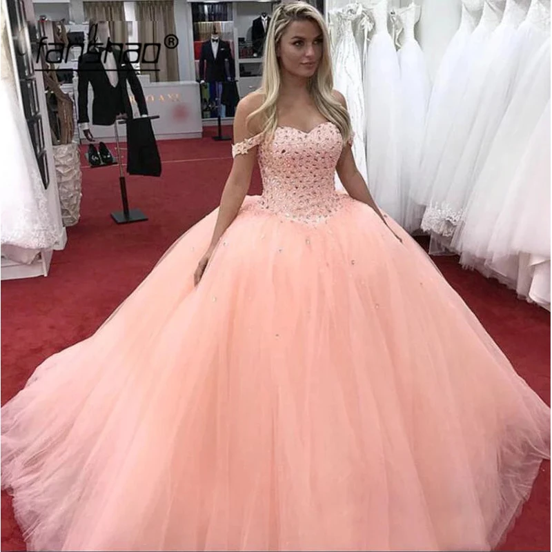 Персиковое платье Quinceanera блестящее бальное с кристаллами и бусинами 16 лет платья
