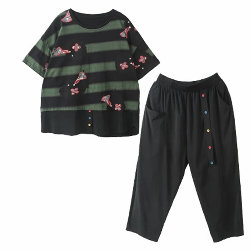 

2020 Summer Letter Printed Patches Stitching Hole Top Female loose Casual Suit 2piece Two Piece Set Women Tees Pants Z2