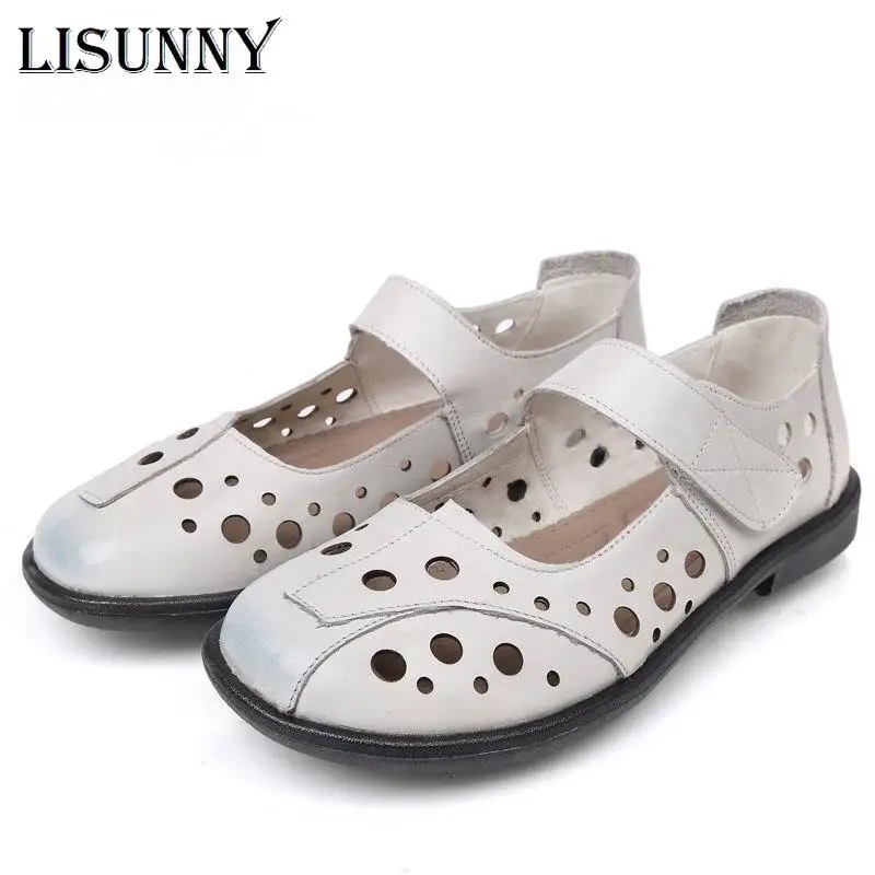 Летние женские дышащие туфли LISUNNY на плоской подошве из натуральной кожи с