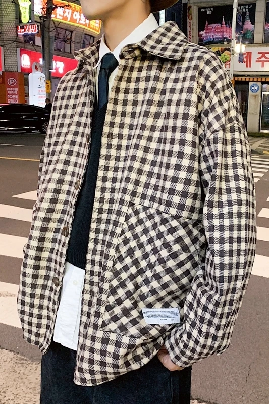 

2019 Autumn And Winter Korean Version Of The Lazy Loose European And American Leisure Houndstooth Thick Shirt