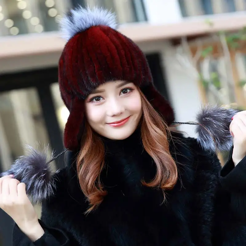 Осень и зима новый милый мех норки тканые зимне наушники шапка лисий мяч меховая