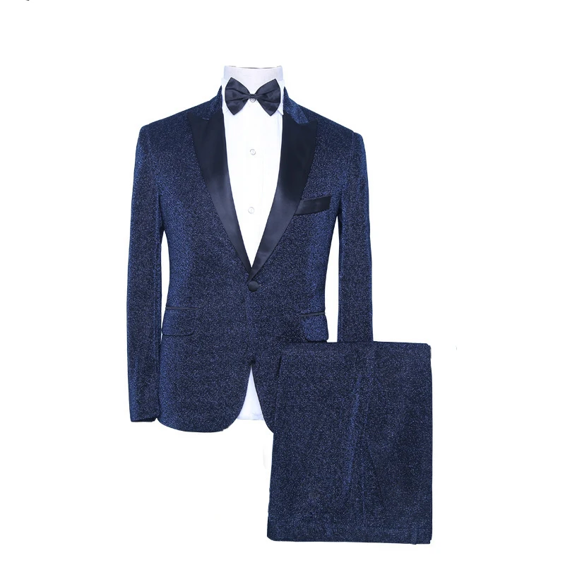 

Men's Dark Blue Tuxedo Fashion Slim Fit Groom 2-Piece Suit Singer Drummer Host Party Prom Stage Costume Night Club Male Suits