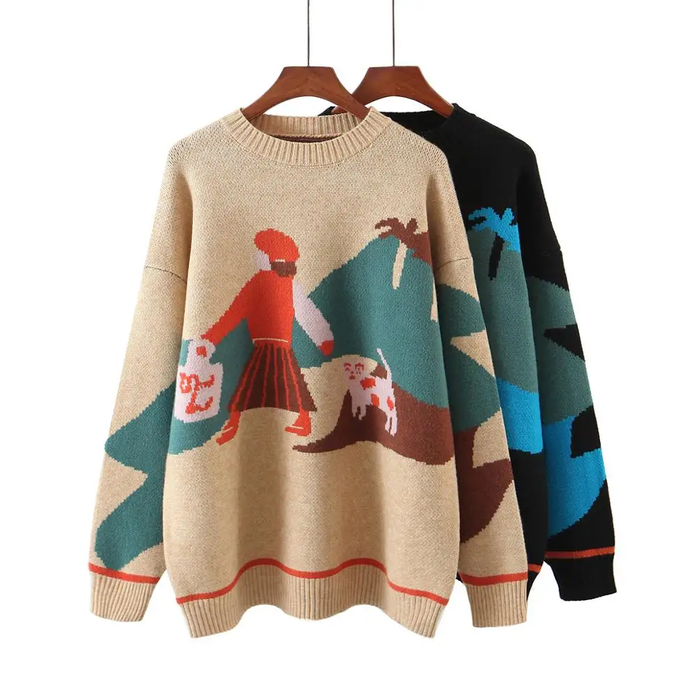 

2020 Women Cute Cartoon Printed Knitted Sweater Women Casual Loose Long Sleeve Lady Pullover Sweater Female Autumn Winter Jumper