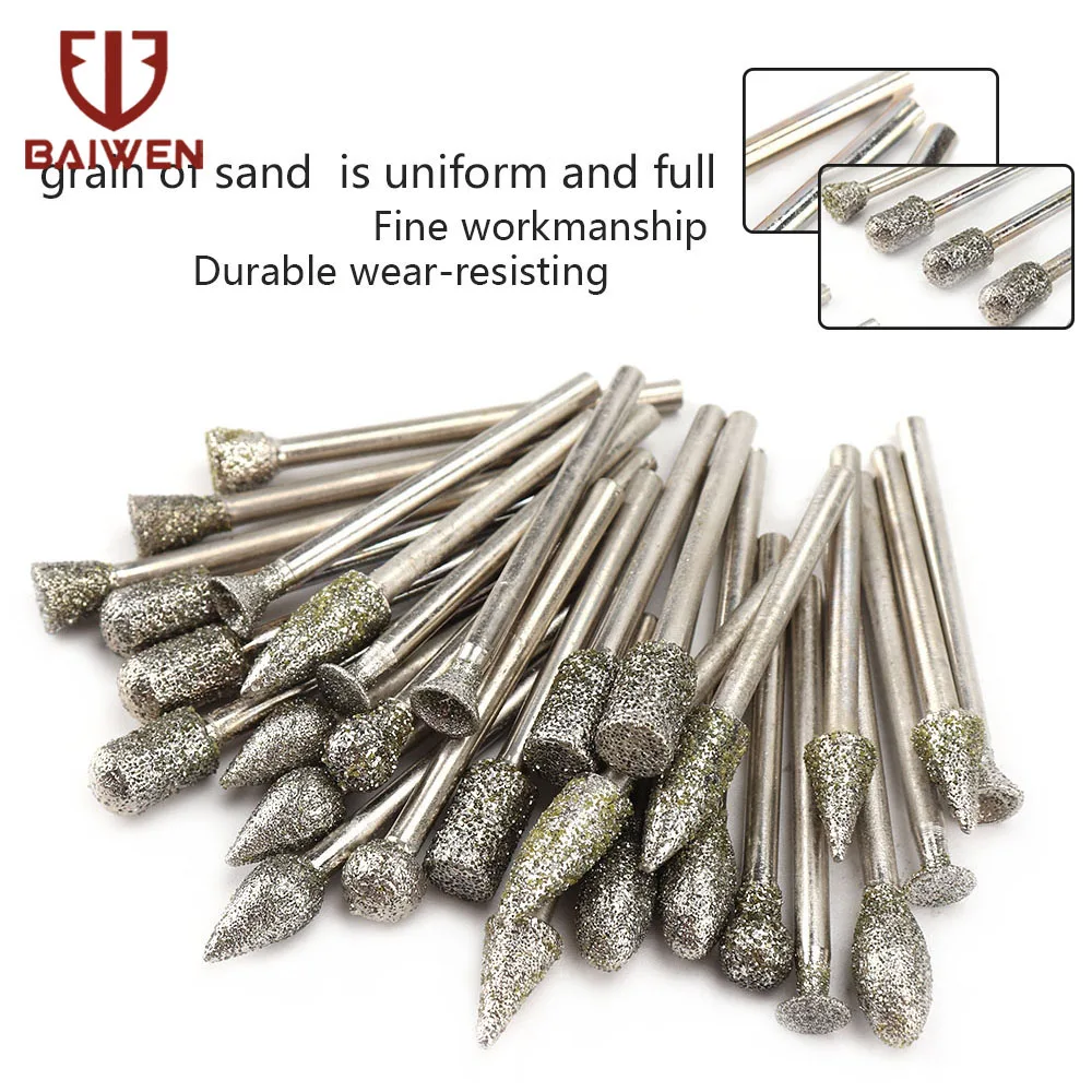 

30pcs/set Grit 60 Diamond Cutting Grinding Head Set 3MM Shank Jade Stone Carving Polishing for Dremel Rotary Tools