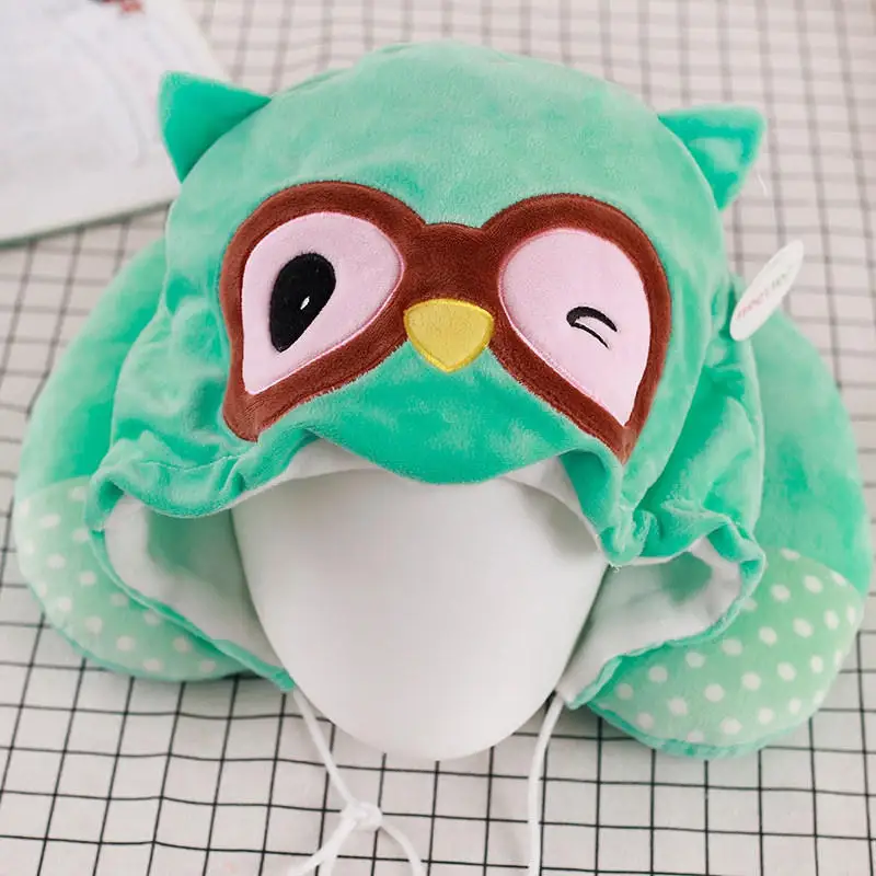 green owl Мультяшное животное Единорог u-образный балахон Подушка дорожная подушка с капюшоном шеи Поддержка Отдых Подушка с шляпой для сна открытый самолет - Цвет: green owl