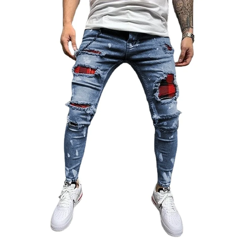 

Мужские джинсы в стиле пэчворк, брюки стрейч для бега, мужские рваные джинсы с принтом в европейском и американском стиле